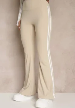 Beżowy Komplet Sportowy Spodnie Dzwony i Bluza na Suwak Lumonise