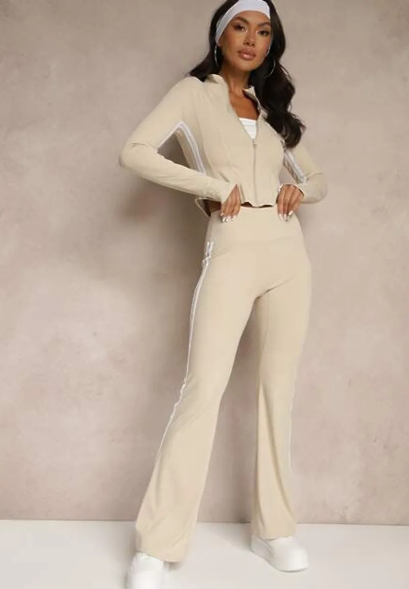 Beżowy Komplet Sportowy Spodnie Dzwony i Bluza na Suwak Lumonise