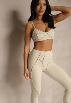 Beżowy Komplet Sportowy Zdobiony Przeszyciami Legginsy i Top Filaranea
