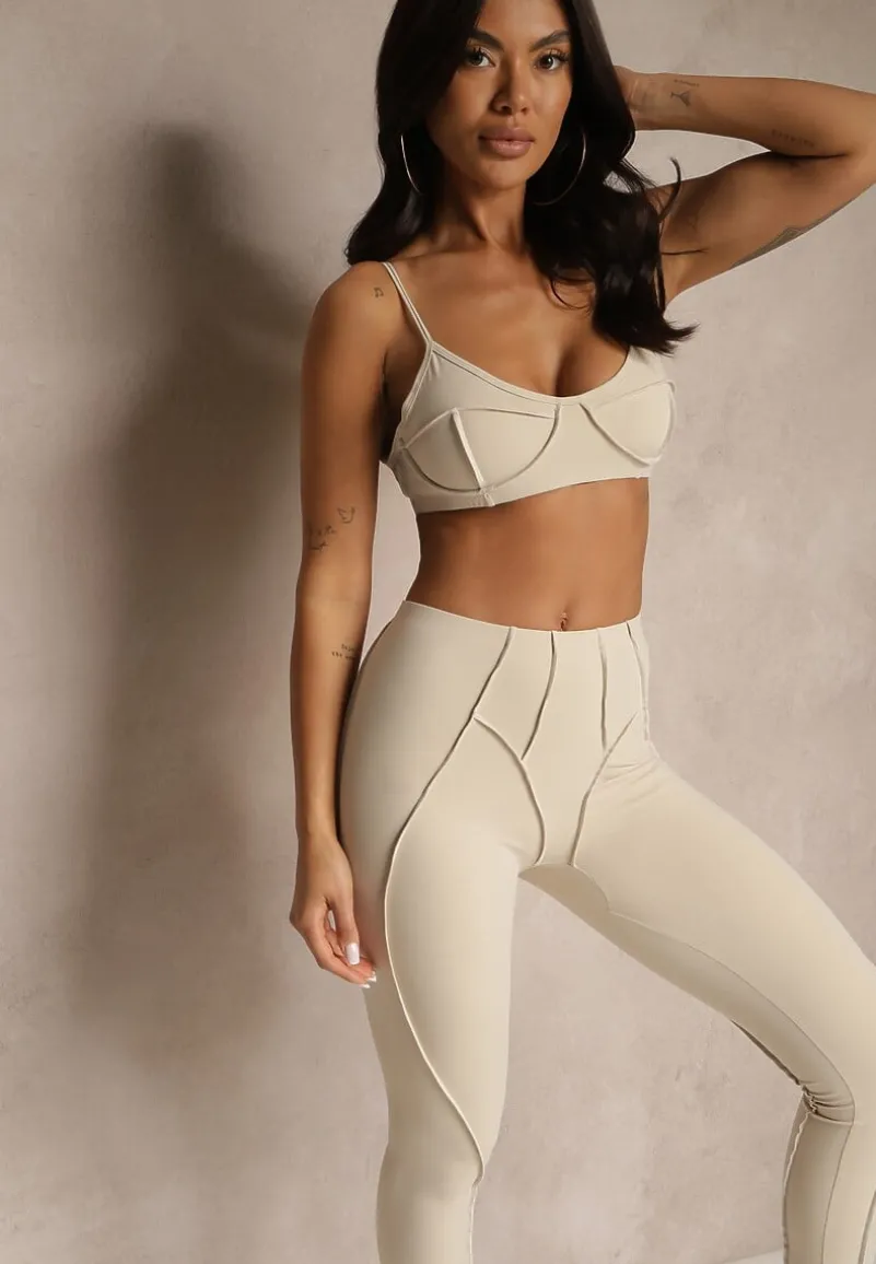 Beżowy Komplet Sportowy Zdobiony Przeszyciami Legginsy i Top Filaranea
