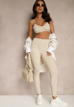 Beżowy Komplet Sportowy Zdobiony Przeszyciami Legginsy i Top Filaranea