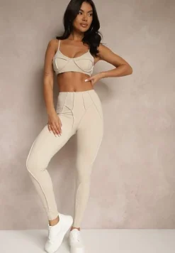 Beżowy Komplet Sportowy Zdobiony Przeszyciami Legginsy i Top Filaranea
