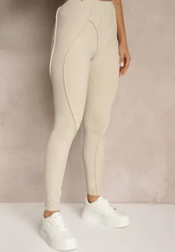 Beżowy Komplet Sportowy Zdobiony Przeszyciami Legginsy i Top Filaranea