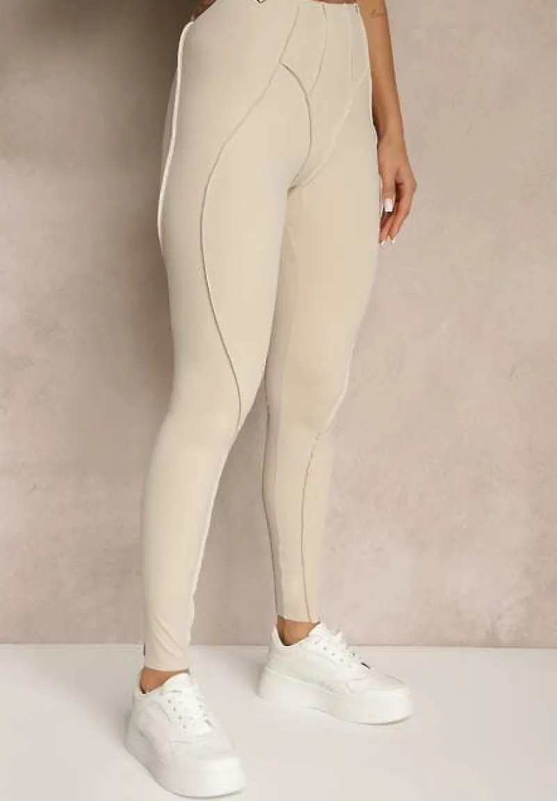 Beżowy Komplet Sportowy Zdobiony Przeszyciami Legginsy i Top Filaranea