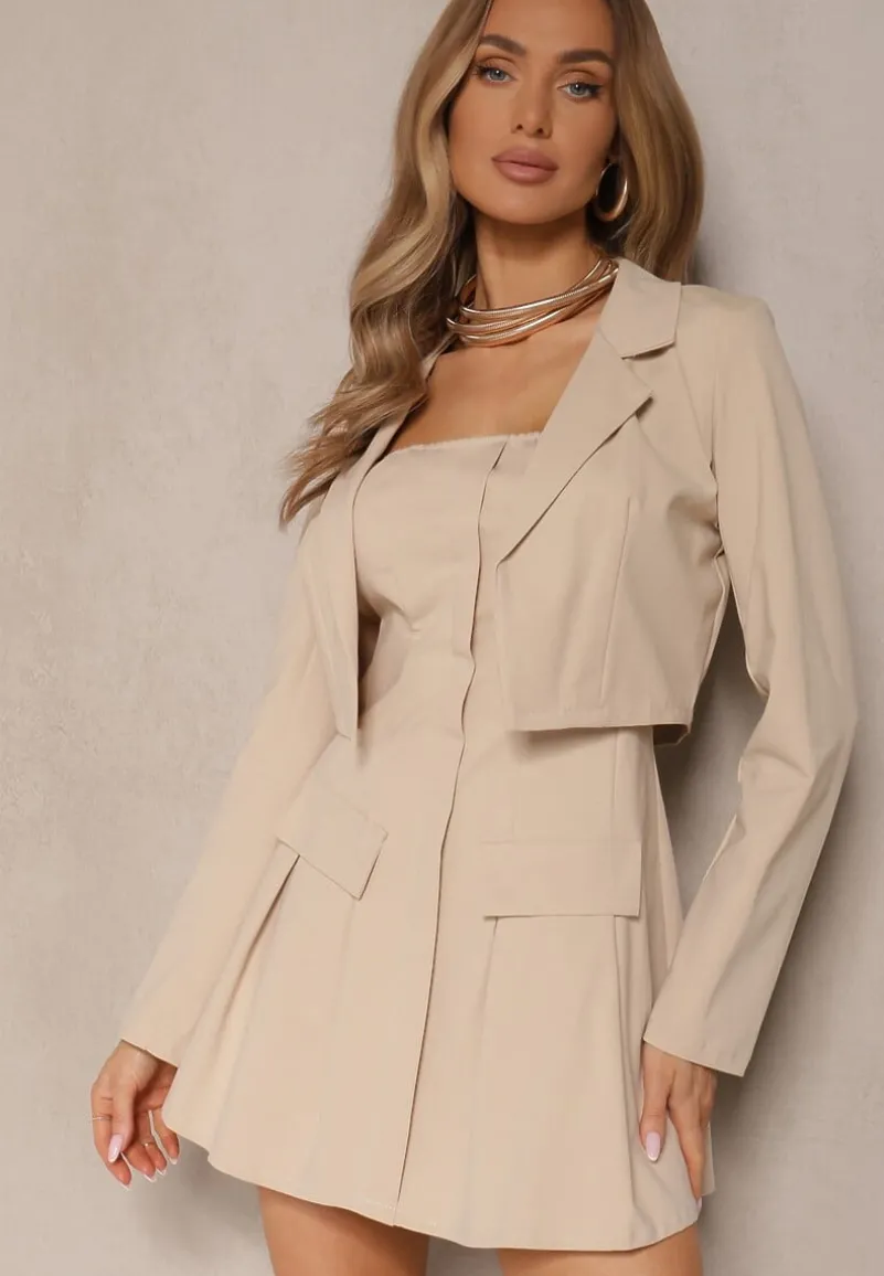 Beżowy Komplet Sukienka z Gumką i Krótka Marynarka Sepenillea