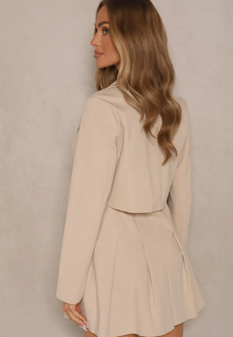 Beżowy Komplet Sukienka z Gumką i Krótka Marynarka Sepenillea