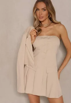 Beżowy Komplet Sukienka z Gumką i Krótka Marynarka Sepenillea
