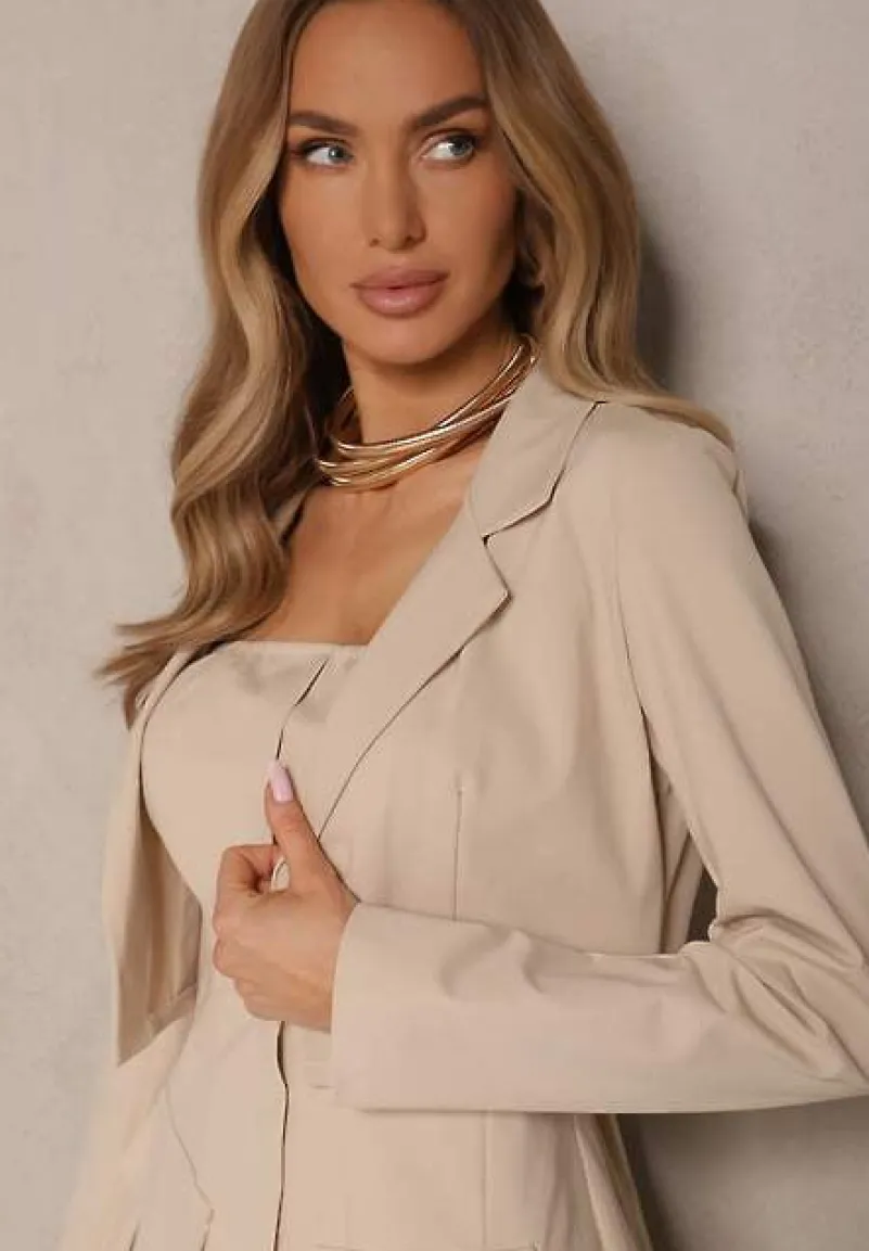 Beżowy Komplet Sukienka z Gumką i Krótka Marynarka Sepenillea