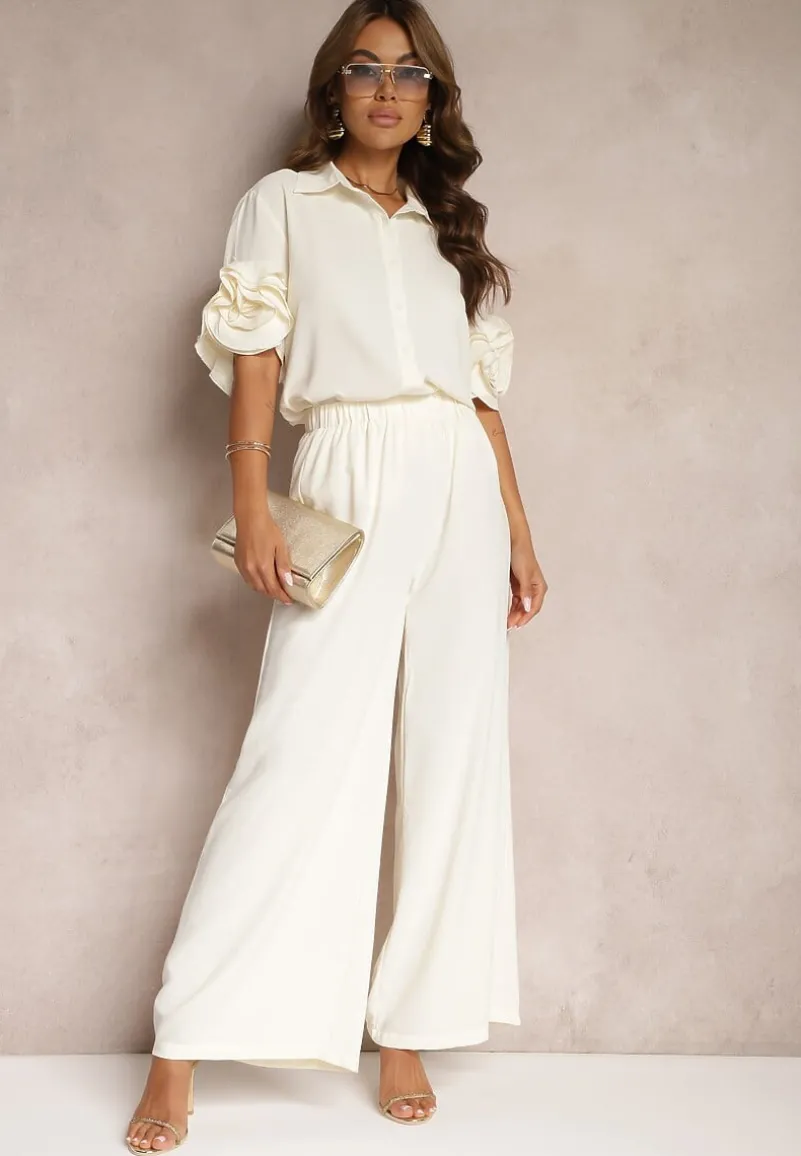 Beżowy Komplet Szerokie Spodnie i Koszula z Falbanami Rivathins