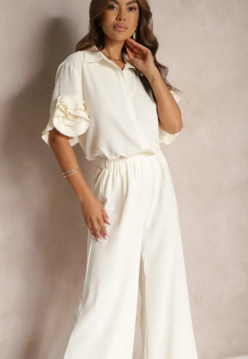 Beżowy Komplet Szerokie Spodnie i Koszula z Falbanami Rivathins