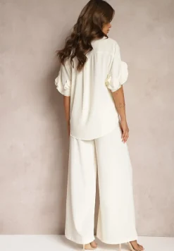 Beżowy Komplet Szerokie Spodnie i Koszula z Falbanami Rivathins