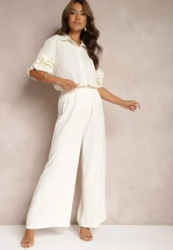 Beżowy Komplet Szerokie Spodnie i Koszula z Falbanami Rivathins