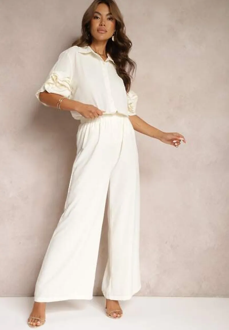 Beżowy Komplet Szerokie Spodnie i Koszula z Falbanami Rivathins