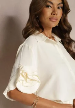 Beżowy Komplet Szerokie Spodnie i Koszula z Falbanami Rivathins