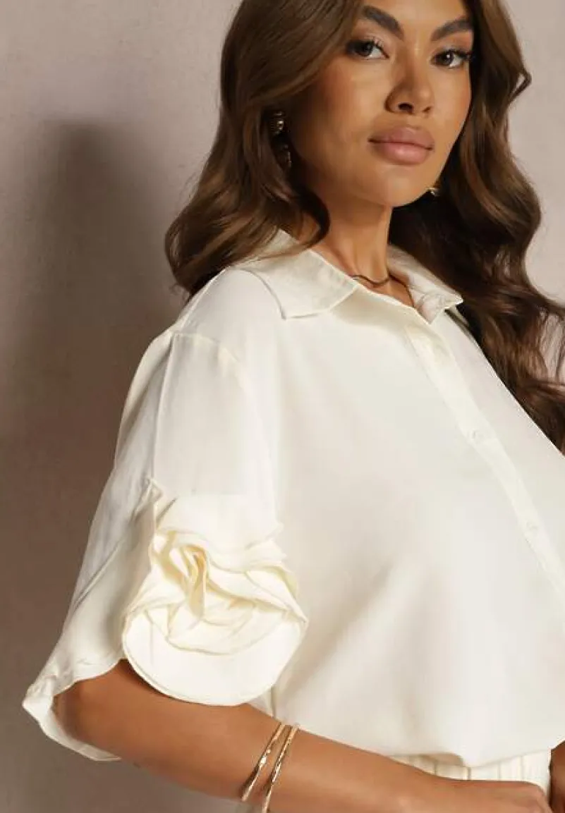 Beżowy Komplet Szerokie Spodnie i Koszula z Falbanami Rivathins