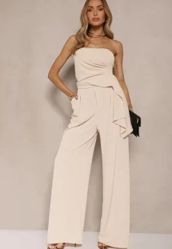 Beżowy Komplet Top Bandeau z Trenem i Spodnie o Szerokim Kroju Redomiae