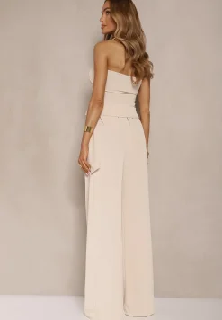 Beżowy Komplet Top Bandeau z Trenem i Spodnie o Szerokim Kroju Redomiae
