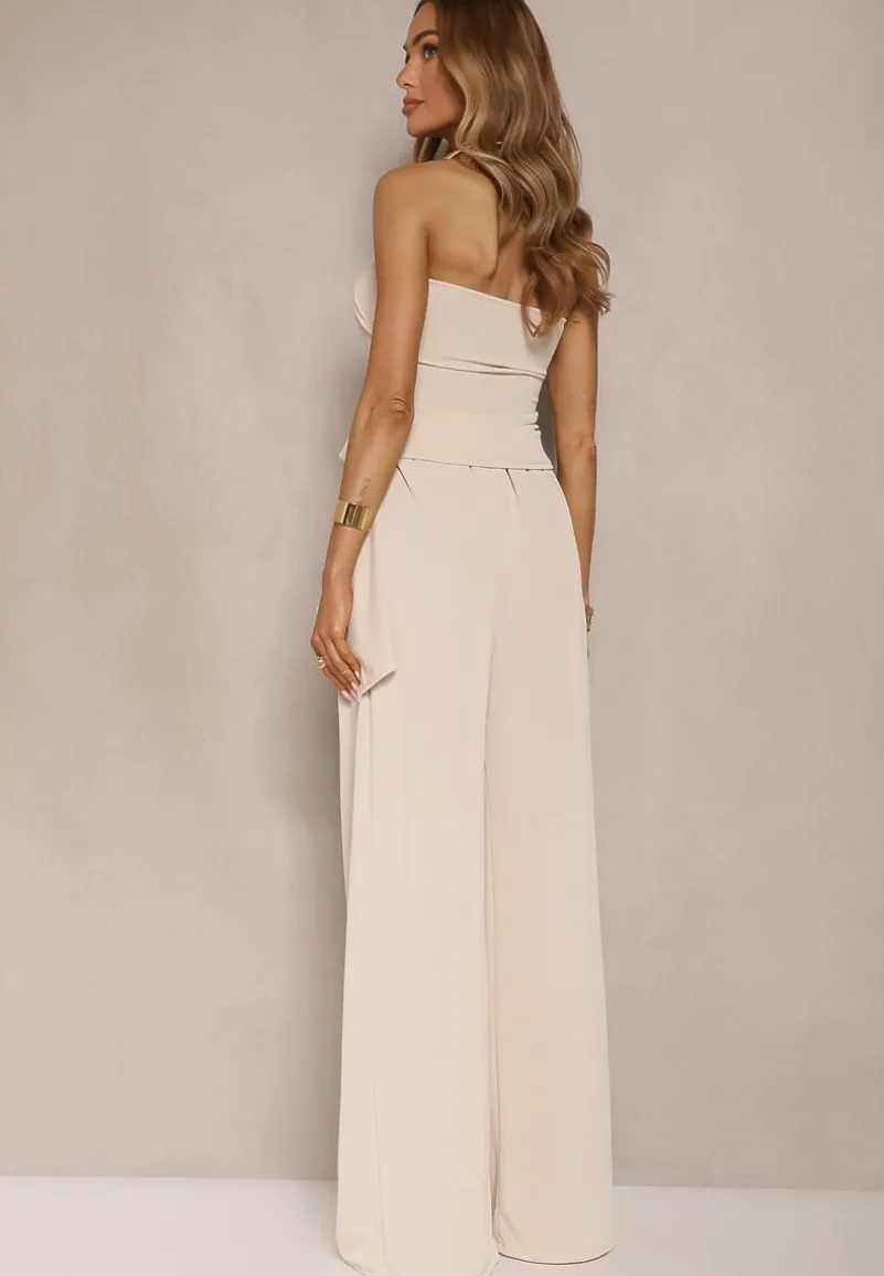 Beżowy Komplet Top Bandeau z Trenem i Spodnie o Szerokim Kroju Redomiae