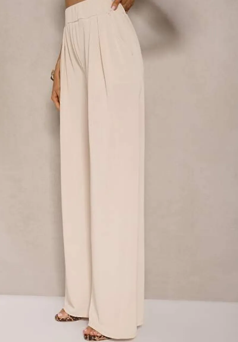Beżowy Komplet Top Bandeau z Trenem i Spodnie o Szerokim Kroju Redomiae