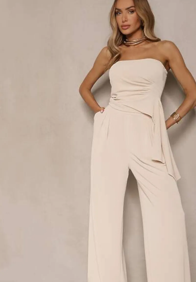 Beżowy Komplet Top Bandeau z Trenem i Spodnie o Szerokim Kroju Redomiae