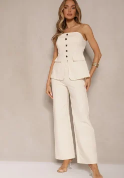 Beżowy Komplet Top Bandeau Zdobiony Guzikami i Spodnie o Szerokim Kroju Palarienna