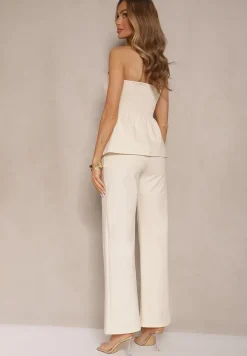 Beżowy Komplet Top Bandeau Zdobiony Guzikami i Spodnie o Szerokim Kroju Palarienna