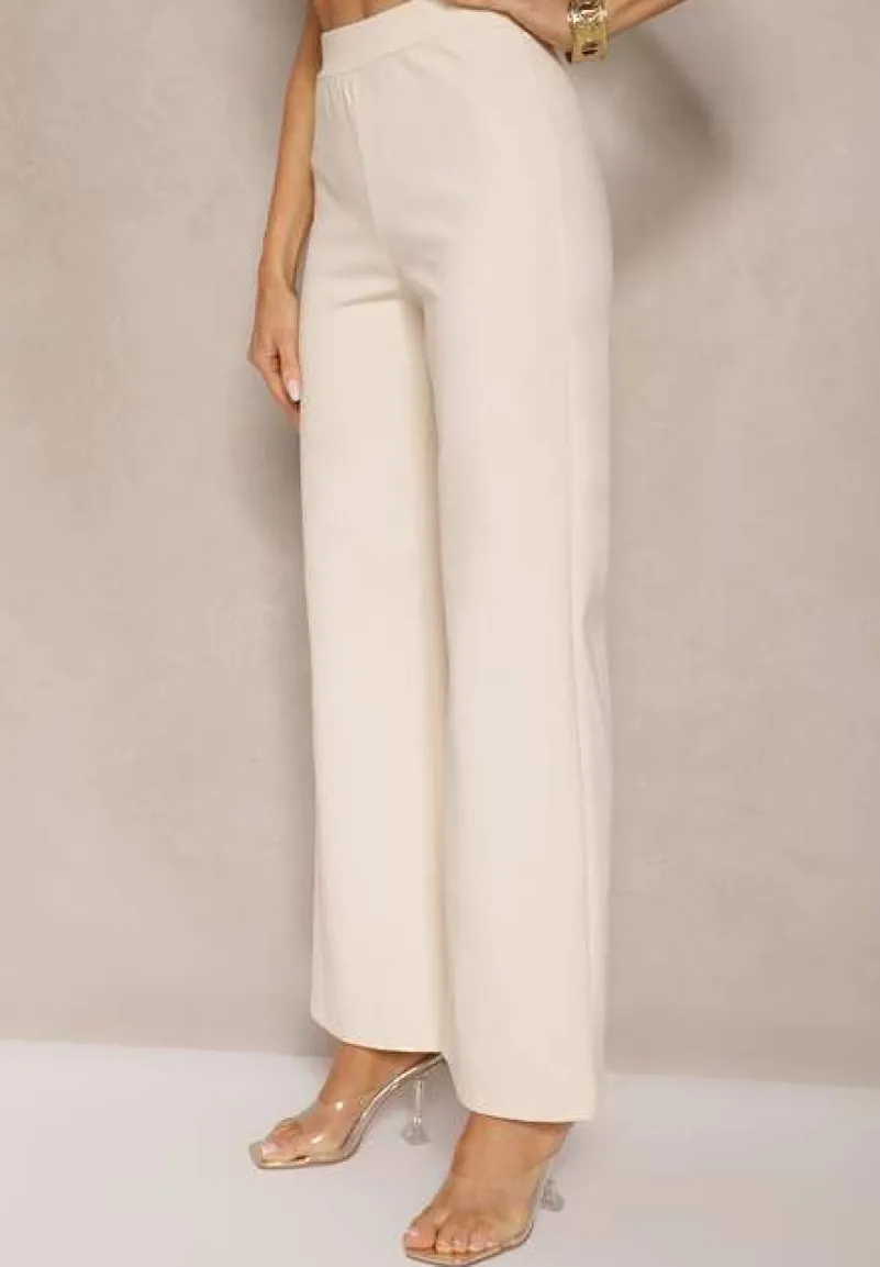 Beżowy Komplet Top Bandeau Zdobiony Guzikami i Spodnie o Szerokim Kroju Palarienna