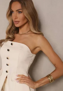 Beżowy Komplet Top Bandeau Zdobiony Guzikami i Spodnie o Szerokim Kroju Palarienna