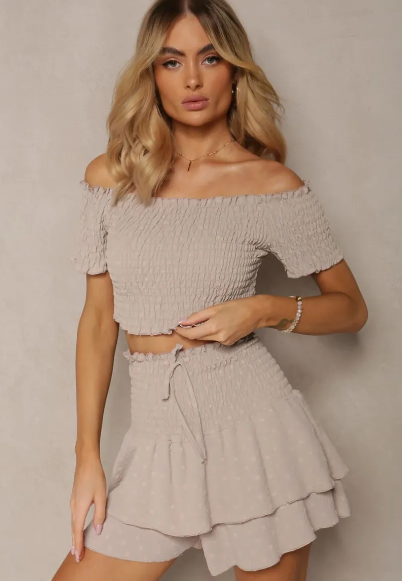 Beżowy Komplet Top Hiszpanka i Spódnico-Spodenki z Falbanami oraz Gumką Rinaria