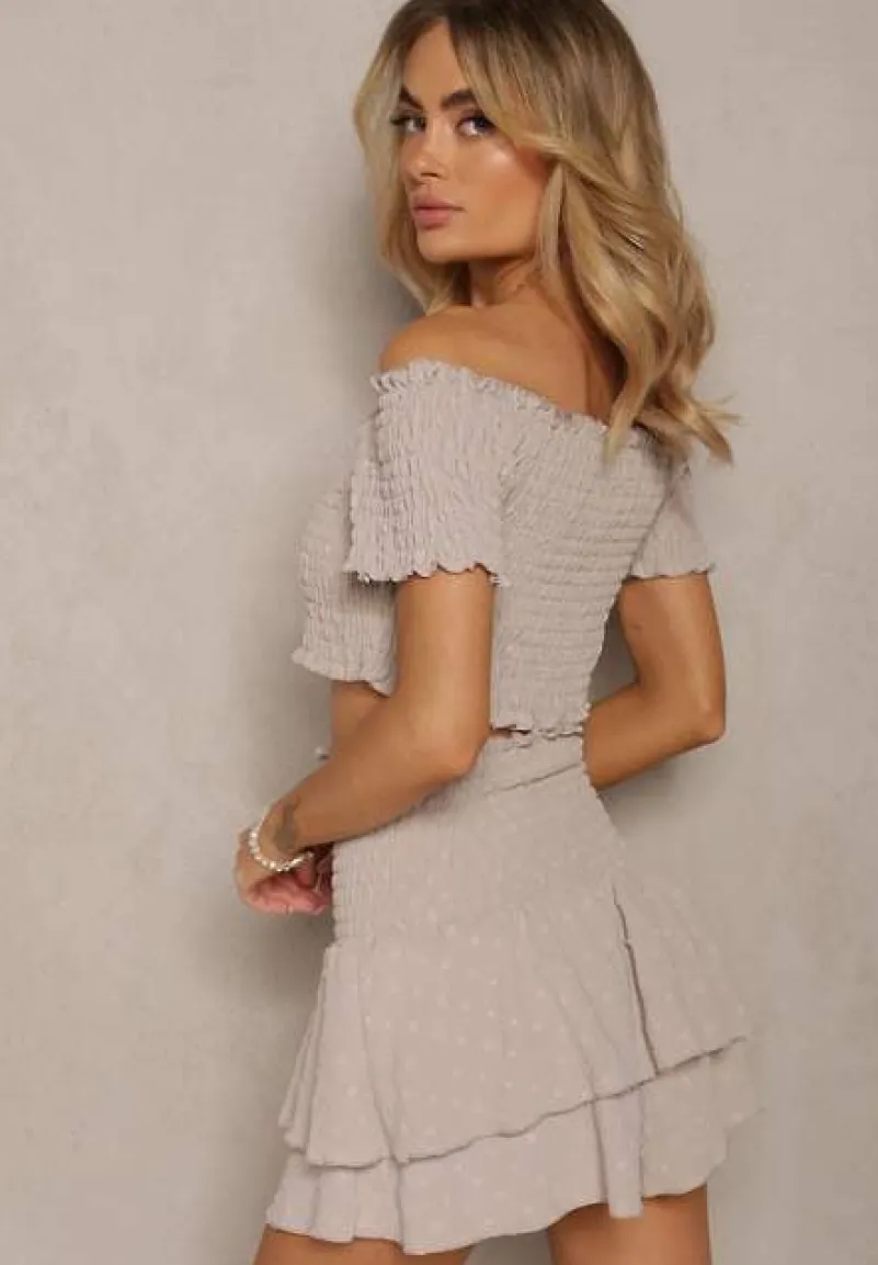 Beżowy Komplet Top Hiszpanka i Spódnico-Spodenki z Falbanami oraz Gumką Rinaria