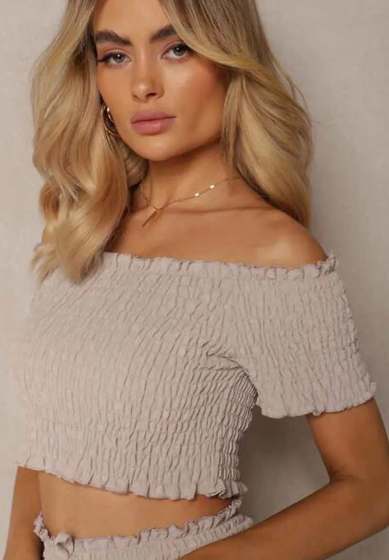 Beżowy Komplet Top Hiszpanka i Spódnico-Spodenki z Falbanami oraz Gumką Rinaria