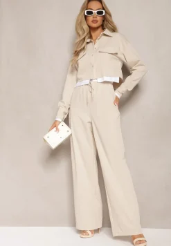 Beżowy Komplet Utility z Krótką Koszulą i Szerokimi Spodniami z Gumką w Talii Ondina