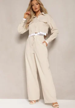 Beżowy Komplet Utility z Krótką Koszulą i Szerokimi Spodniami z Gumką w Talii Ondina