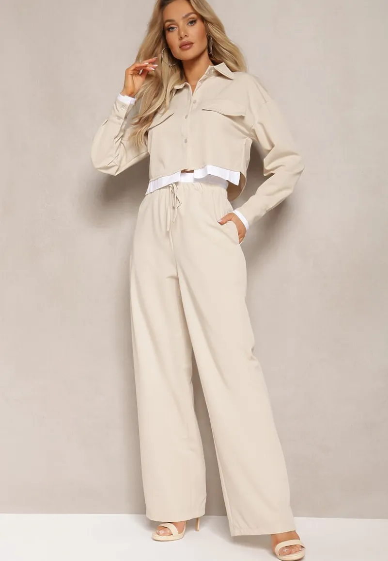 Beżowy Komplet Utility z Krótką Koszulą i Szerokimi Spodniami z Gumką w Talii Ondina