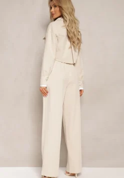 Beżowy Komplet Utility z Krótką Koszulą i Szerokimi Spodniami z Gumką w Talii Ondina