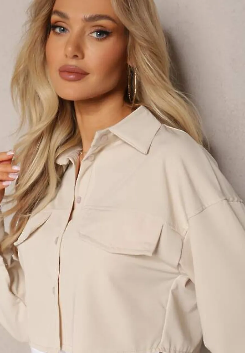 Beżowy Komplet Utility z Krótką Koszulą i Szerokimi Spodniami z Gumką w Talii Ondina