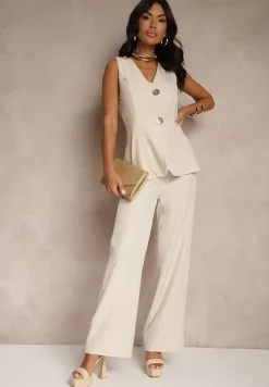 Beżowy Komplet w Garniturowym Stylu Kamizelka i Spodnie Filavelle