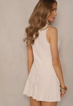 Beżowy Komplet w Garniturowym Stylu Kamizelka i Spódnica z Plisami Talkio