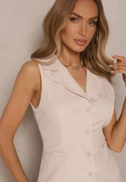 Beżowy Komplet w Garniturowym Stylu Kamizelka i Spódnica z Plisami Talkio