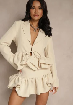 Beżowy Komplet w Garniturowym Stylu z Falbanami Marynarka i Spódnico-Szorty Volene