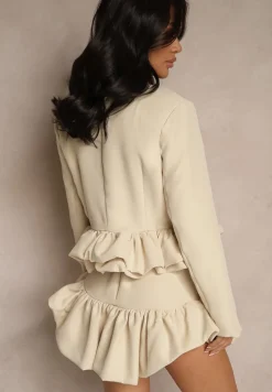 Beżowy Komplet w Garniturowym Stylu z Falbanami Marynarka i Spódnico-Szorty Volene