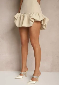 Beżowy Komplet w Garniturowym Stylu z Falbanami Marynarka i Spódnico-Szorty Volene