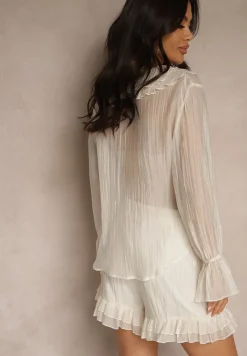 Beżowy Komplet w Rustykalnym Stylu z Falbankami Koszula i Szorty Tilinola