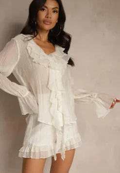 Beżowy Komplet w Rustykalnym Stylu z Falbankami Koszula i Szorty Tilinola