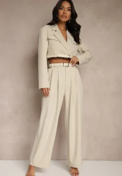 Beżowy Komplet w Stylu Garniturowym Szerokie Spodnie z Paskiem i Krótka Marynarka Veritia