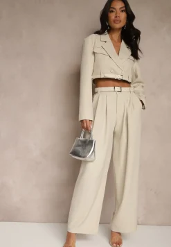 Beżowy Komplet w Stylu Garniturowym Szerokie Spodnie z Paskiem i Krótka Marynarka Veritia