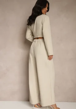 Beżowy Komplet w Stylu Garniturowym Szerokie Spodnie z Paskiem i Krótka Marynarka Veritia