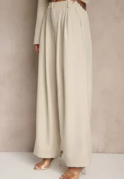 Beżowy Komplet w Stylu Garniturowym Szerokie Spodnie z Paskiem i Krótka Marynarka Veritia