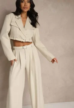 Beżowy Komplet w Stylu Garniturowym Szerokie Spodnie z Paskiem i Krótka Marynarka Veritia