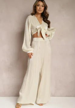 Beżowy Komplet Wiązana Koszula z Luźnym Rękawem i Szerokie Spodnie Aphina